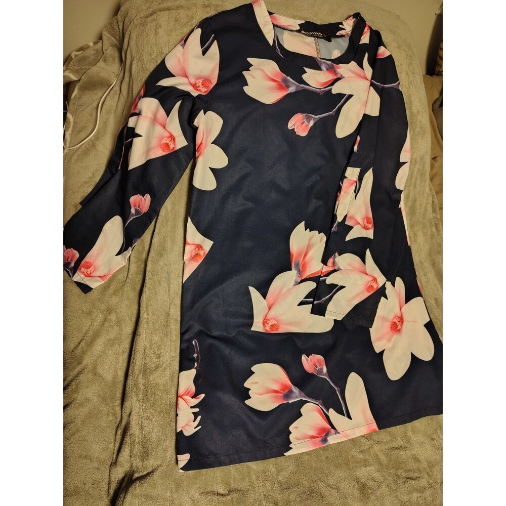 YOINS Floral Chiffon Shift Dress Navy Pink White Short 3/4 Sleeve Women's L